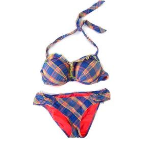 Victoria's Secret Coral & Blue Plaid Ruffle Bikini